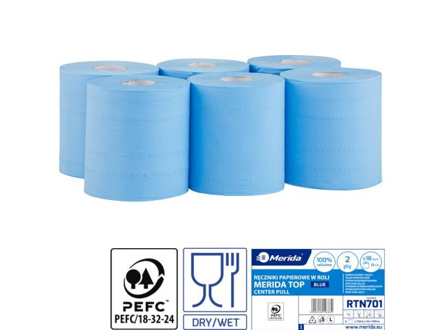 Ręczniki papierowe w roli MERIDA TOP CENTER PULL MAXI, niebieskie, średnica 18,4 cm , długość 158 m, dwuwarstwowe, zgrzewka 6 rolek